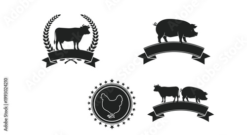Black silhouettes of farm animals like cows, pigs, and chickens inside circular and ribbon labels for meat industry.