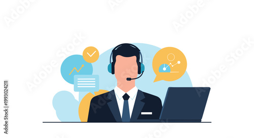 Professional male call center agent wearing headset sitting at laptop computer with business chart icons in background.