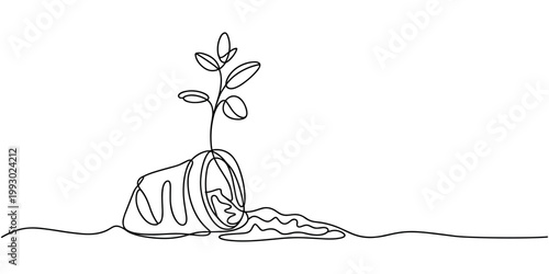 Young plant growing from overturned bag of soil green plant sprout seedling in white background