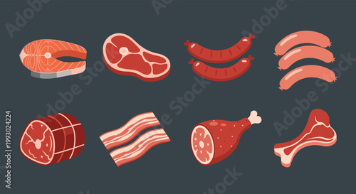 Collection of various raw meat products including fish steak, beef, sausages, bacon, and chicken leg on gray background.
