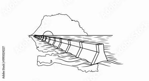 A coastal dam separates rough waters from a serene horizon with a sunlit peak