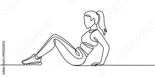 Young woman doing sit ups on floor in one line female fitness exercise