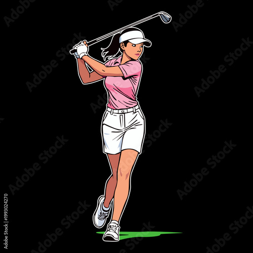 An illustration of a female golfer hitting a golf ball. Suitable for all businesses.