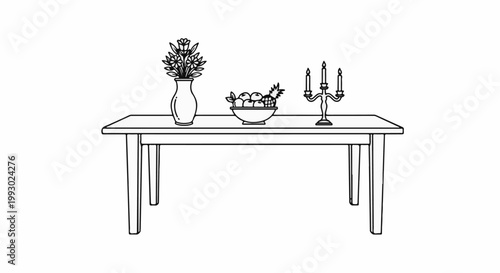 Table with vase of flowers, bowl of fruit, and candelabra