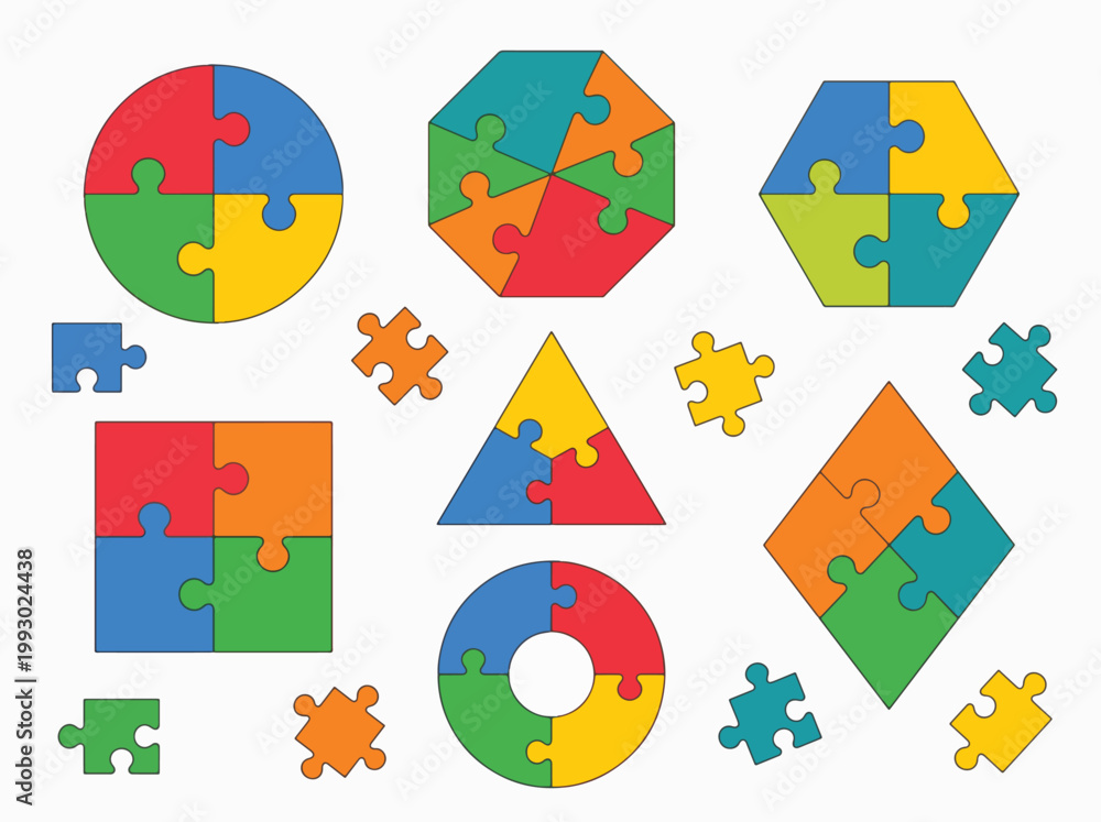 Fototapeta premium Colorful Geometric Jigsaw Puzzle Shapes for Educational Logic and Problem Solving