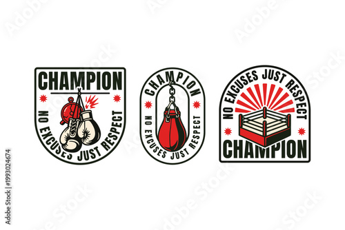 Boxing champion with gloves, punching bag, boxing ring retro badge logo design set for sport. Boxing gloves hanging, Punching bag, Fight area vintage patch sticker pack for tournament