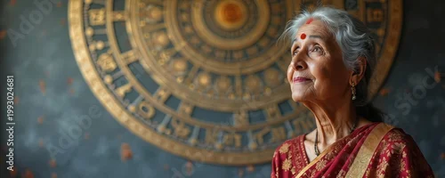 Panel kuchenny z motywem Elderly Indian woman in sari looks up thoughtfully near astrological wheel. She practices Vedic wisdom for financial insights and future guidance. Experience spiritual consulting.
