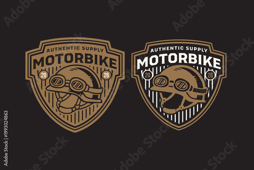 Classic rider helmet with goggles retro badge logo design set for motorbike. Biker helmet vintage patch sticker pack for racing. Helmet and goggles rustic emblem element designs for custom garage