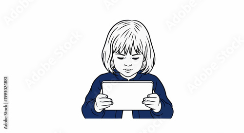Young child engrossed in a tablet, looking down with concentration
