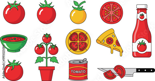 Fresh Tomato Garden and Culinary Vector Icon Set Featuring Red and Yellow Tomatoes, Potted Tomato Plant, Ketchup Bottle, Pizza Slice, Tomato Soup, and Canned Tomatoes