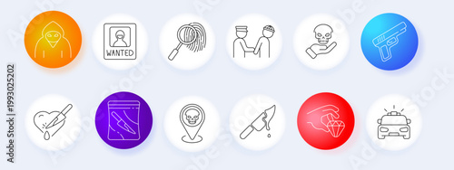 Crime set icon. Criminal, wanted, fingerprint, police, evidence, skull, weapon, knife, robbery, investigation, danger, security, law, offense, justice, arrest.