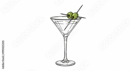 A clear martini glass with two olives on a skewer