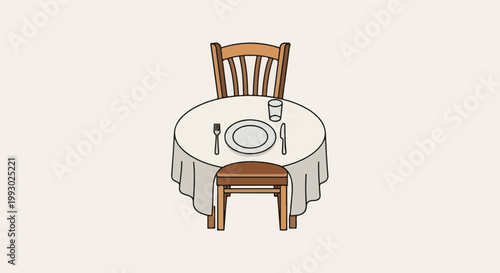 A single table setting with a chair and stool in a simple illustration