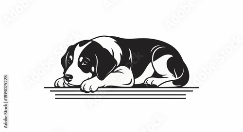 A stylized black and white drawing of a sad-looking puppy resting