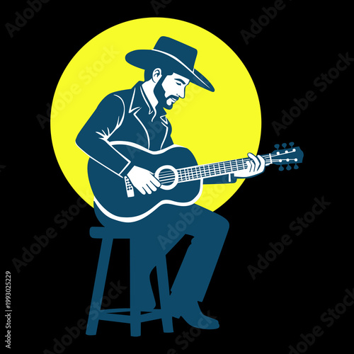 An illustration of a cowboy playing guitar on stage. Suitable for all businesses.