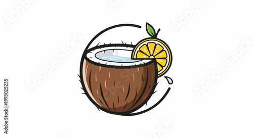A stylized coconut with water and a lemon slice, set against a white background