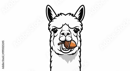 A stylized illustration of a llama's head holding an acorn in its mouth