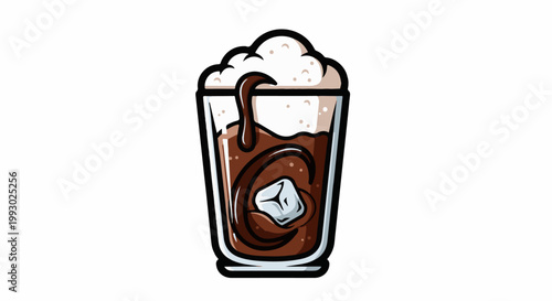 A tall glass of rich, frothy chocolate drink with a single ice cube