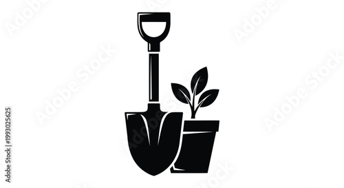 Black gardening icons, shovel and potted plant, vector graphics, gardening tools, plant care