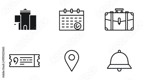 Travel Icons: A collection of simple, black and white travel-related icons representing essential elements of a journey, perfect for use in navigation or as design elements.