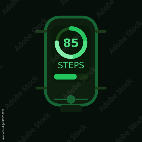 Fitness tracker interface with 85 steps counter, green digital smartwatch display vector, health monitoring app UI design on dark background