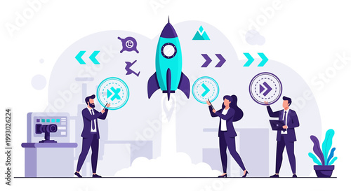 Business team launching a rocket symbolizing startup growth and success.