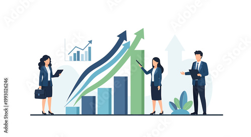 Business Team Demonstrating Growth with Bar Chart and Arrows.