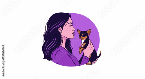 Stylized woman profile gazes at a small dog held in her arms