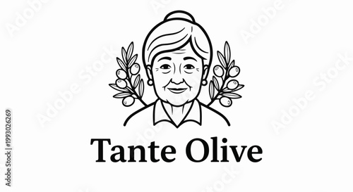 Stylized portrait of a smiling older woman with olive branches