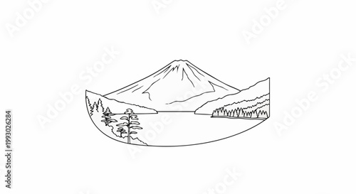 Stylized outline of a majestic mountain reflected in a serene lake with trees
