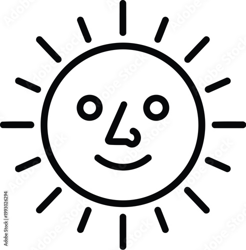 A cheerful and simplistic sun icon with a smiling face, radiating warmth and happiness, perfectly representing good weather, brightness, and positive energy for various design applications.