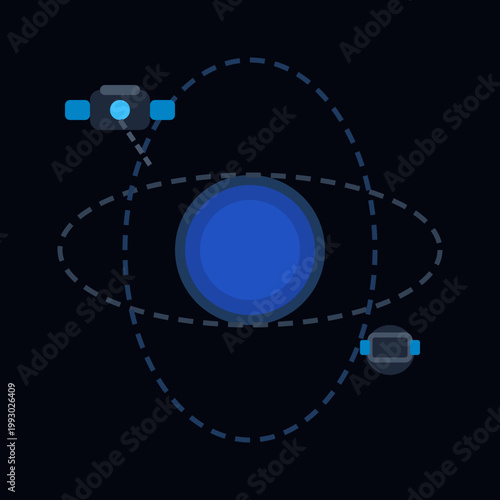 Futuristic space station vector illustration, flat sci-fi satellite icon in deep space, orbital laboratory module with solar panels and glowing core