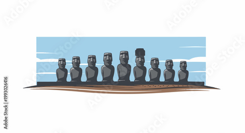 Stone giants stand in a row under a blue sky with clouds