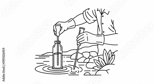 Scientist collecting water sample with test tube and bottle by water