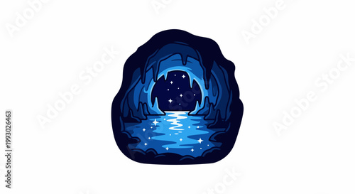 Pixel art cave entrance with starry night sky and reflective water