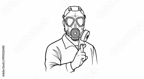 Person in gas mask holds fingers crossed for luck