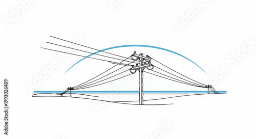 Overhead power lines stretch across a landscape with a curved blue line above