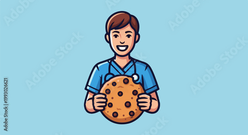 Friendly healthcare worker smiles holding a large chocolate chip cookie