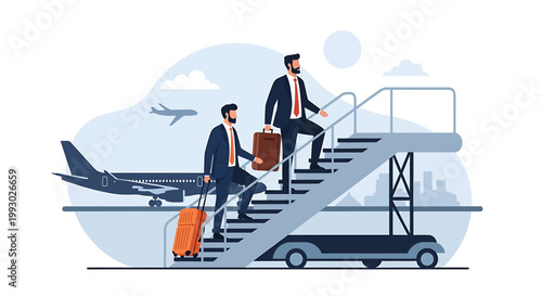 Businessmen boarding airplane using stairs with luggage.