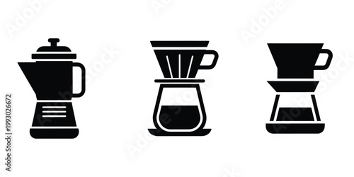 Black and white coffee brewing equipment icons coffee, brewing, equipment, pour over