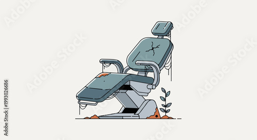 Dilapidated dental chair with cobwebs and small plant growing