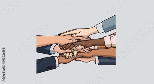 Diverse hands stacked together in a gesture of unity and teamwork