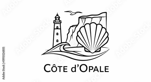 Coastal scene with lighthouse, cliffs, seashell, waves, and bird