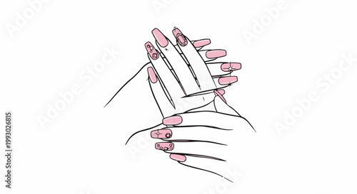 Close-up of hands with decorative pink sculpted fingernails and sparkling accents
