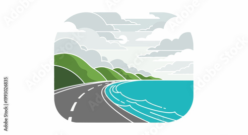 Coastal highway curves beside green hills and turquoise ocean under clouds