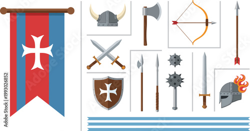 Medieval Weapon and Armor Set Featuring Swords, Shields, Banners, Axes, Spears, Maces, Helmets, and Crusader Emblems for Historical and Fantasy Design Projects.