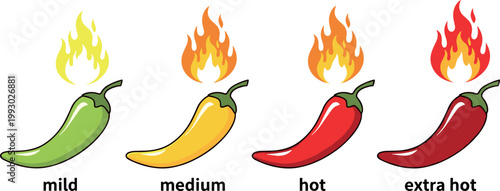 Chili pepper heat levels scale with mild medium hot and extra hot spicy rating vector illustration