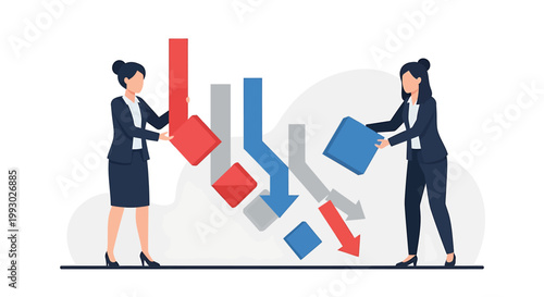 Businesswomen Manipulating Falling Arrow Chart Pieces Illustration.