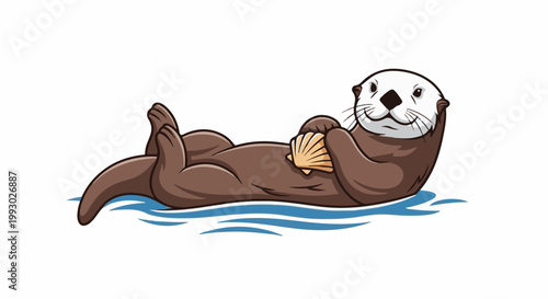 Cartoon otter floats on water holding a seashell