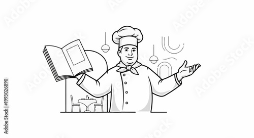 Chef presenting a menu with a restaurant table and chairs in background